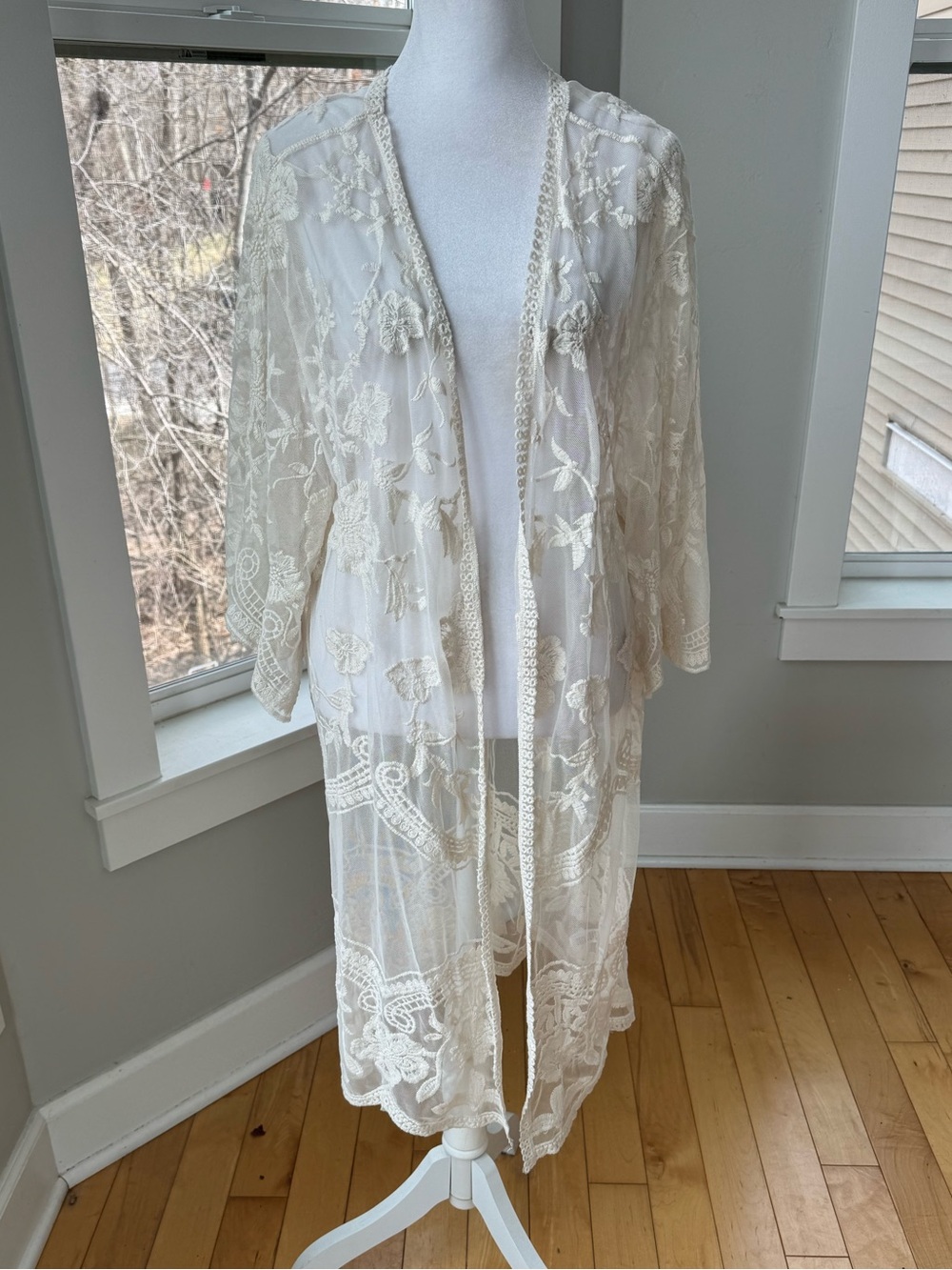 She + Sky Ivory Cream Sheer Mesh Lace Duster Long Boho Cardigan Sz Small- Medium